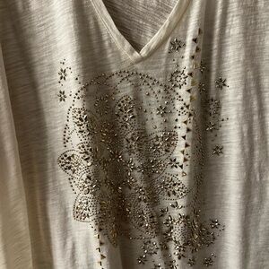 Lucky Brand Cream V-Neck Tee with Gold Stud Embellishment